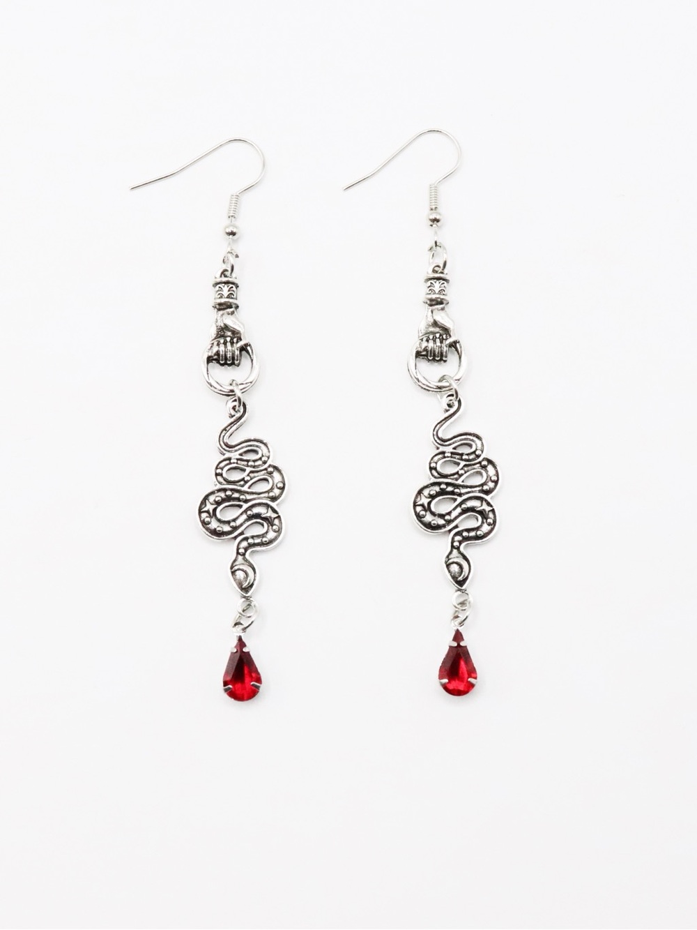 Silver Snake Drop Earrings with Red Teardrop